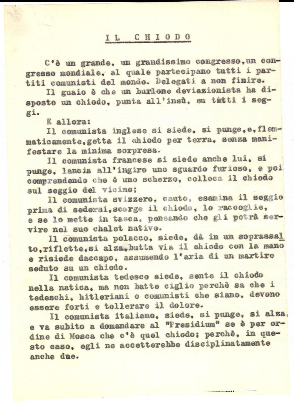 Documento originale, autentico 1950 ca GOLIARDIA Barzelletta Il chiodo  Comunisti del mondo Dattiloscritto 1
