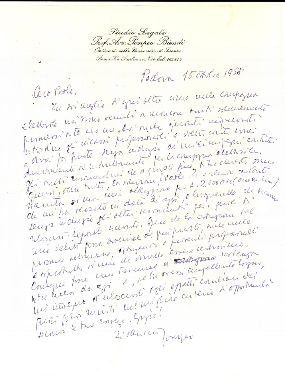 Autografo originale 1958 ROMA Pompeo BIONDI su campagna elettorale e tesseramenti Autografo 1