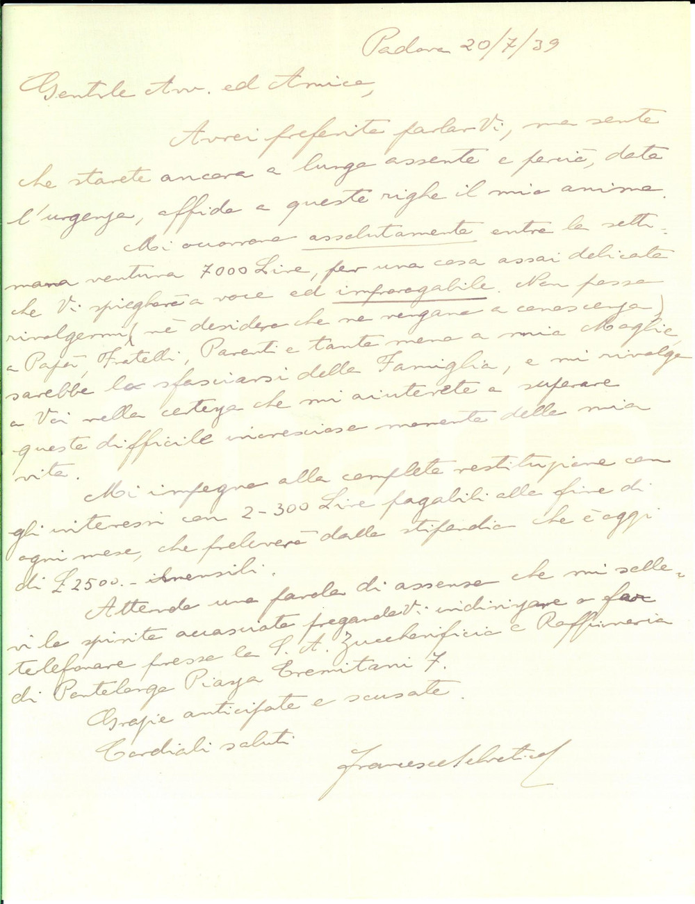 Autografo originale 1939 PADOVA Nobile Francesco Selvatico ESTENSE chiede prestito a un amico 1
