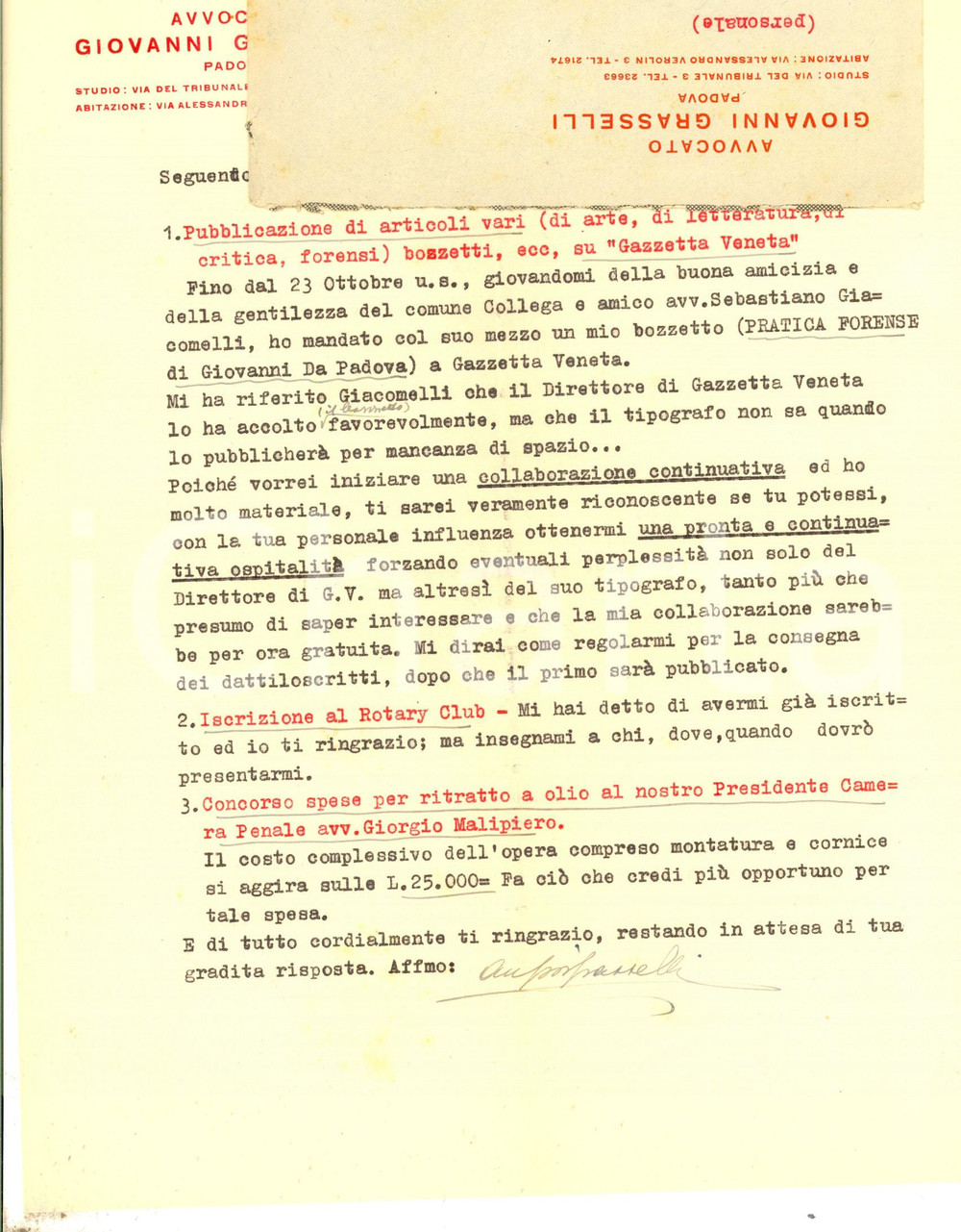 Documento originale, autentico 1949 PADOVA Avv. Giovanni GRASSELLI cerca collaborazione con Gazzetta Veneta 1