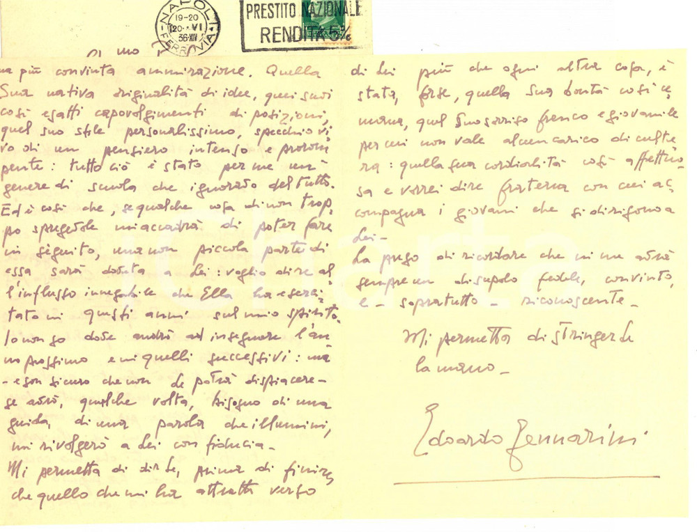 Manoscritto, lettera originale 1936 NAPOLI Edoardo GENNARINI ringrazia un docente  Lettera autografa 1