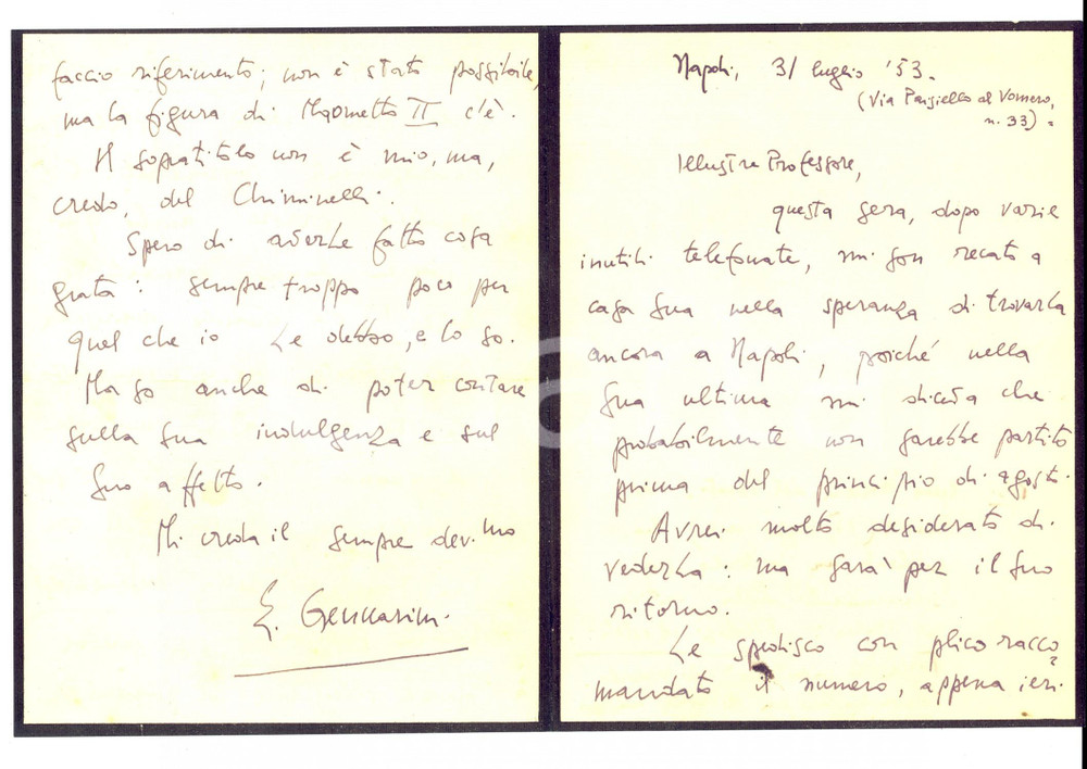 Manoscritto, lettera originale 1953 NAPOLI Edoardo GENNARINI promette copia di Mondo Cattolico Autografo 1