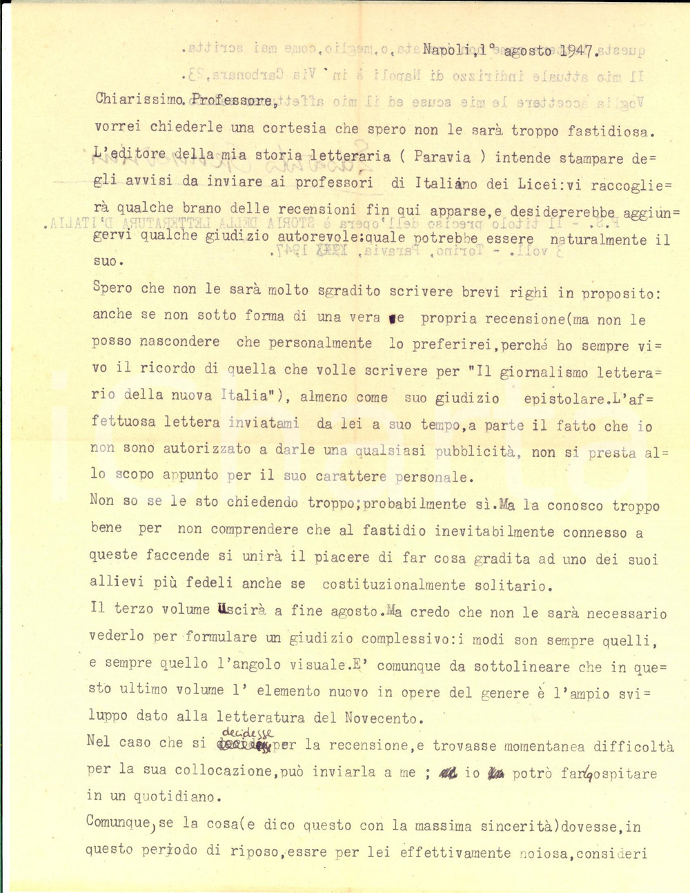 Manoscritto, lettera originale 1947 NAPOLI Edoardo GENNARINI chiede recensione per una sua opera Autografo 1