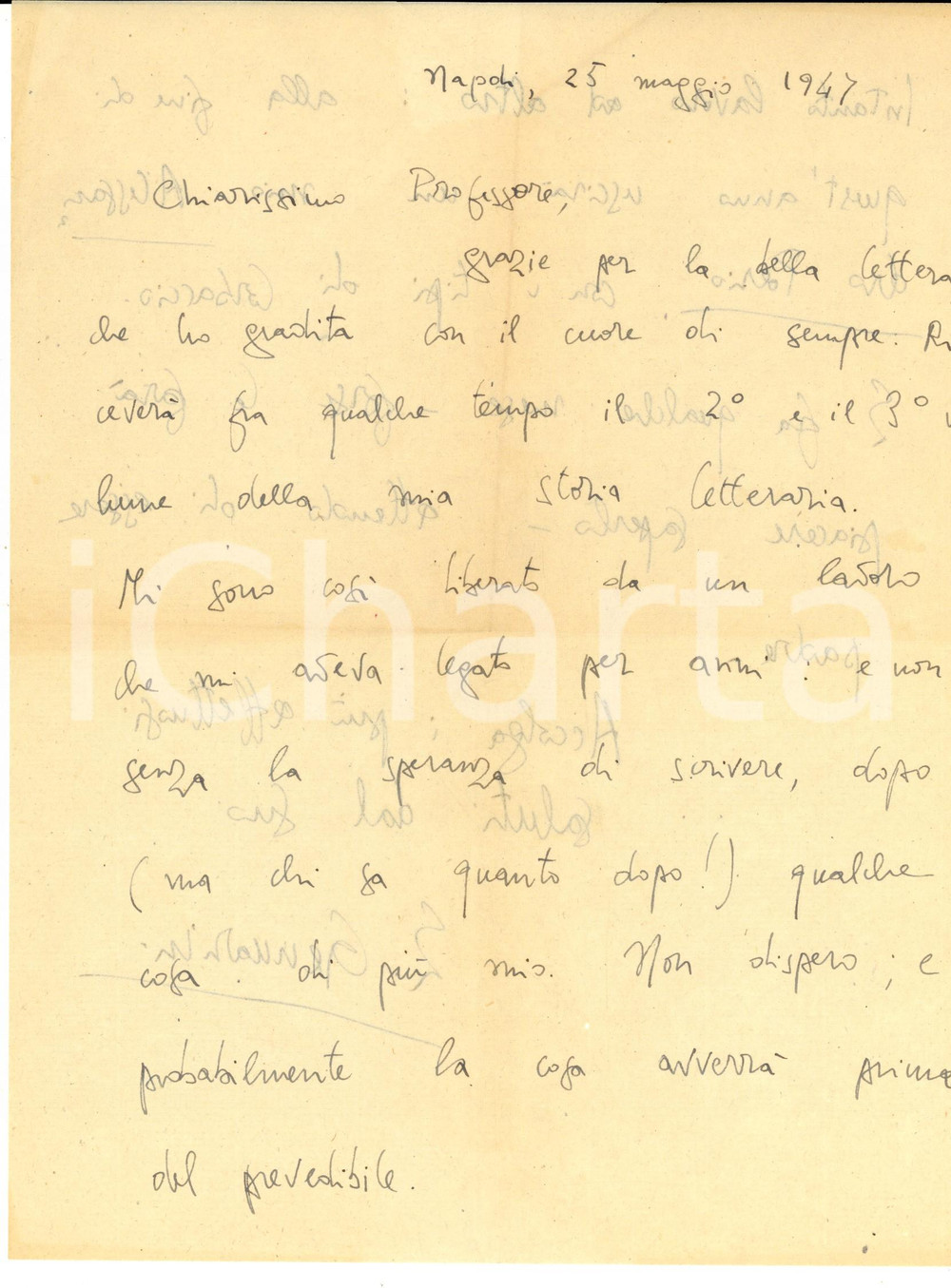 Manoscritto, lettera originale 1947 NAPOLI Edoardo GENNARINI termina la sua Storia letteraria Autografo 1