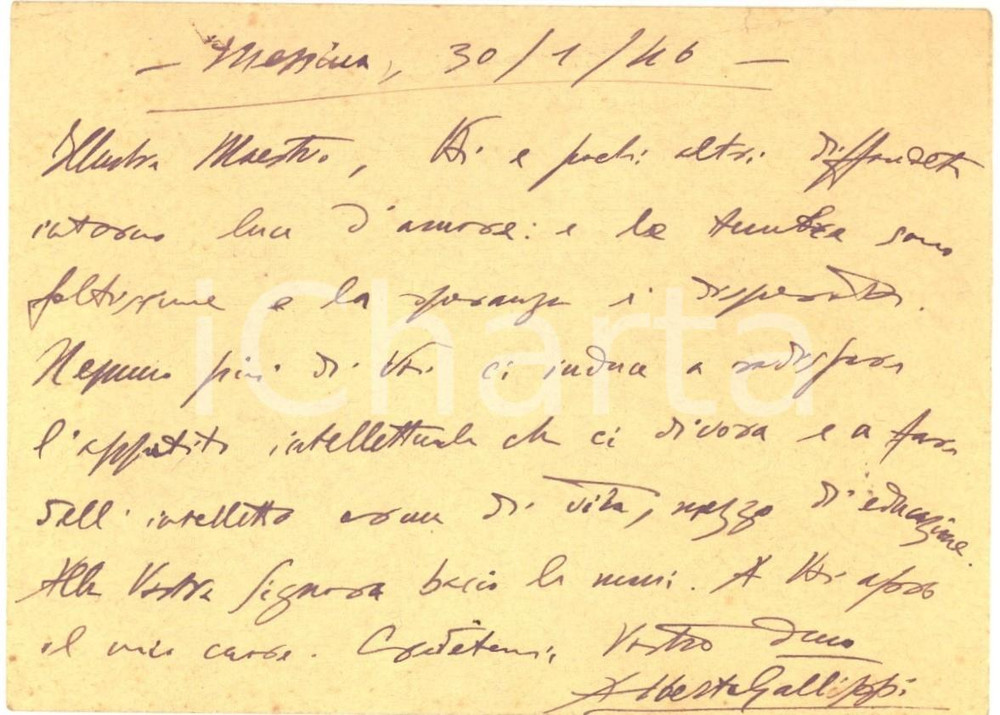 Autografo originale 1946 MESSINA Voi diffondete intorno luci d amore  Autografo Alberto GALLIPPI 1