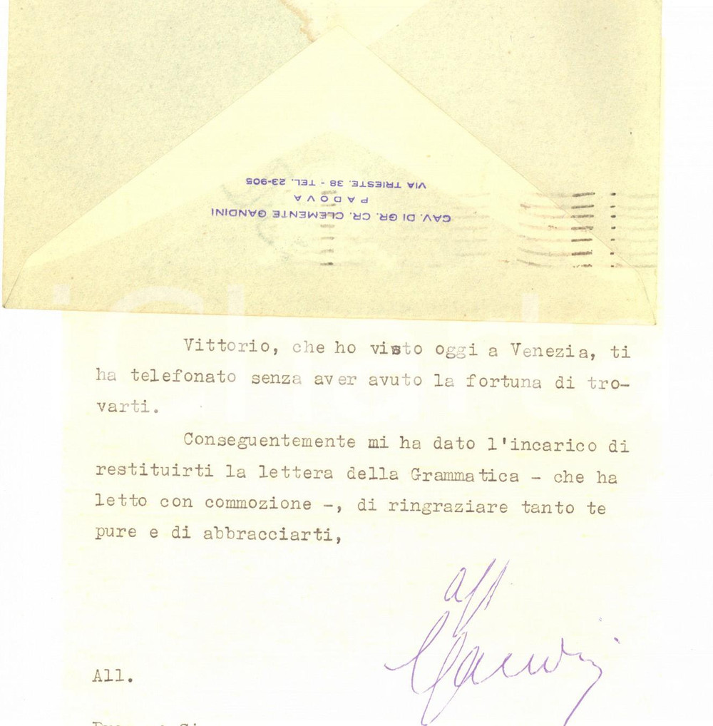 Manoscritto, lettera originale 1949 PADOVA Avv. Clemente GANDINI restituisce una lettera a un amico Autografo 1