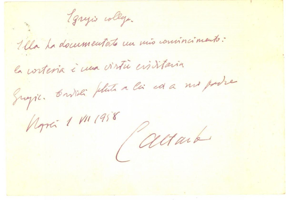 Autografo originale 1950 ca NAPOLI La cortesia é una virtù ereditaria  Autografo Enrico ALTAVILLA 1