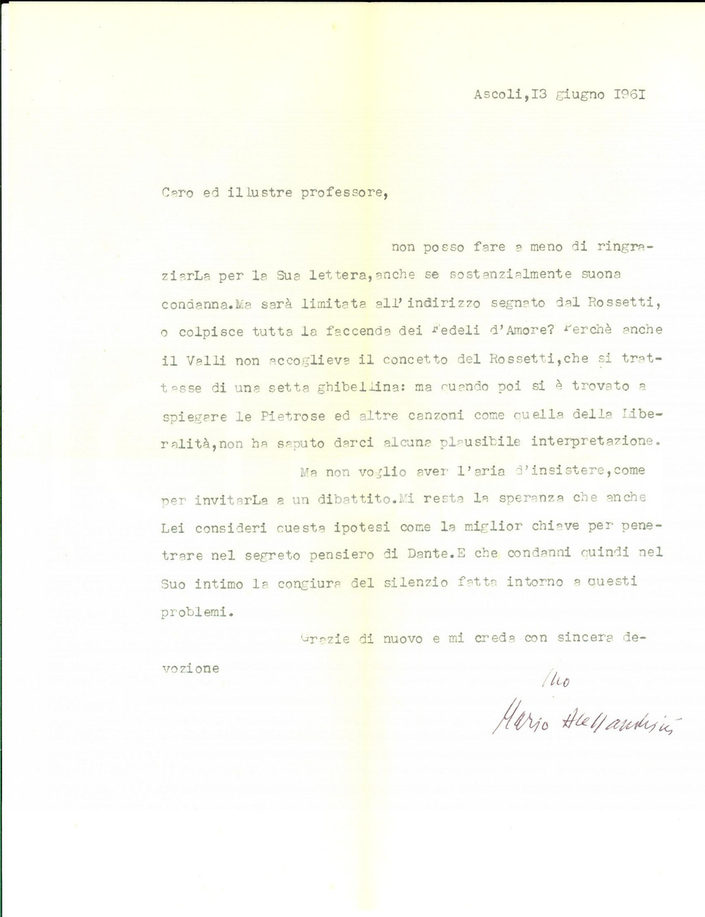 Manoscritto, lettera originale 1961 ASCOLI Mario ALESSANDRINI sulla chiave del pensiero dantesco Autografo 1