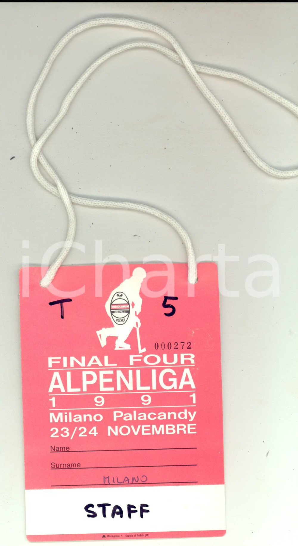 Materiale pubblicitario d’epoca 1991 MILANO PALACANDY Final Four ALPENLIGA Pass per lo staff 1