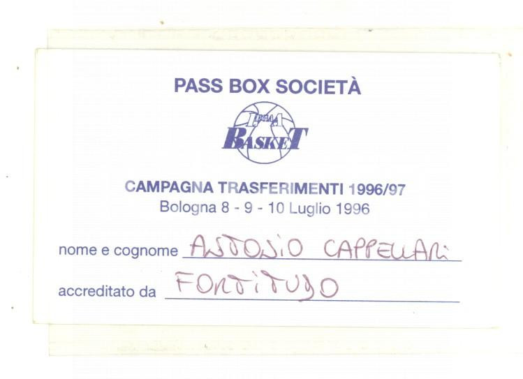 Materiale pubblicitario d’epoca 1996 BASKET LEGA A  BOLOGNA Pass box societÃ  Campagna trasferimenti 1