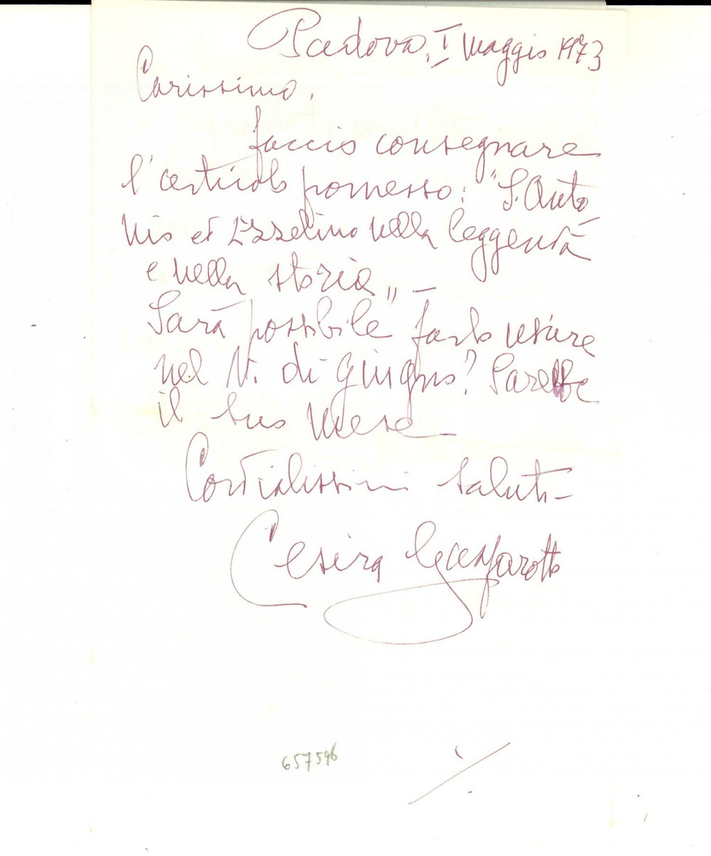 Autografo originale 1973 PADOVA Cesira GASPAROTTO e un articolo su Ezzelino nella storia Autografo 1