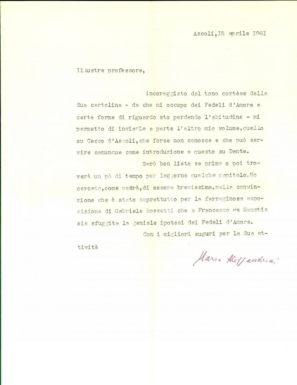 Manoscritto, lettera originale 1961 ASCOLI Mario ALESSANDRINI invia un volume a un collega Autografo 1