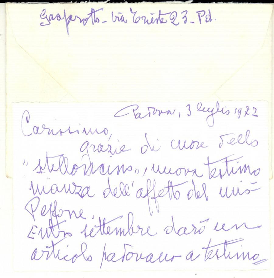 Autografo originale 1972 PADOVA Cesira GASPAROTTO ringrazia per recensione Biglietto autografo 1