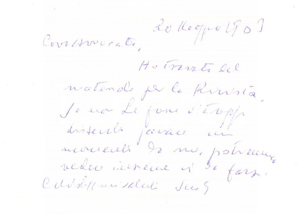 Autografo originale 1963 PADOVA Prof. Luigi GAUDENZIO al lavoro per una rivista Biglietto autografo 1