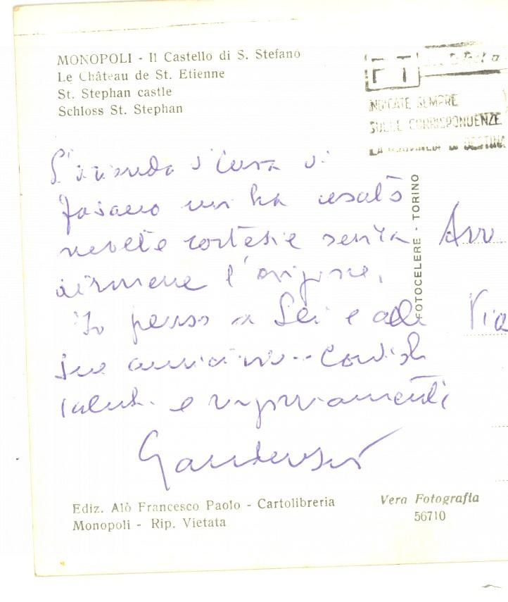 Oggetto da collezione cartaceo 1964 MONOPOLI Castello S. STEFANO  Cartolina prof. Luigi GAUDENZIO  Autografo 1
