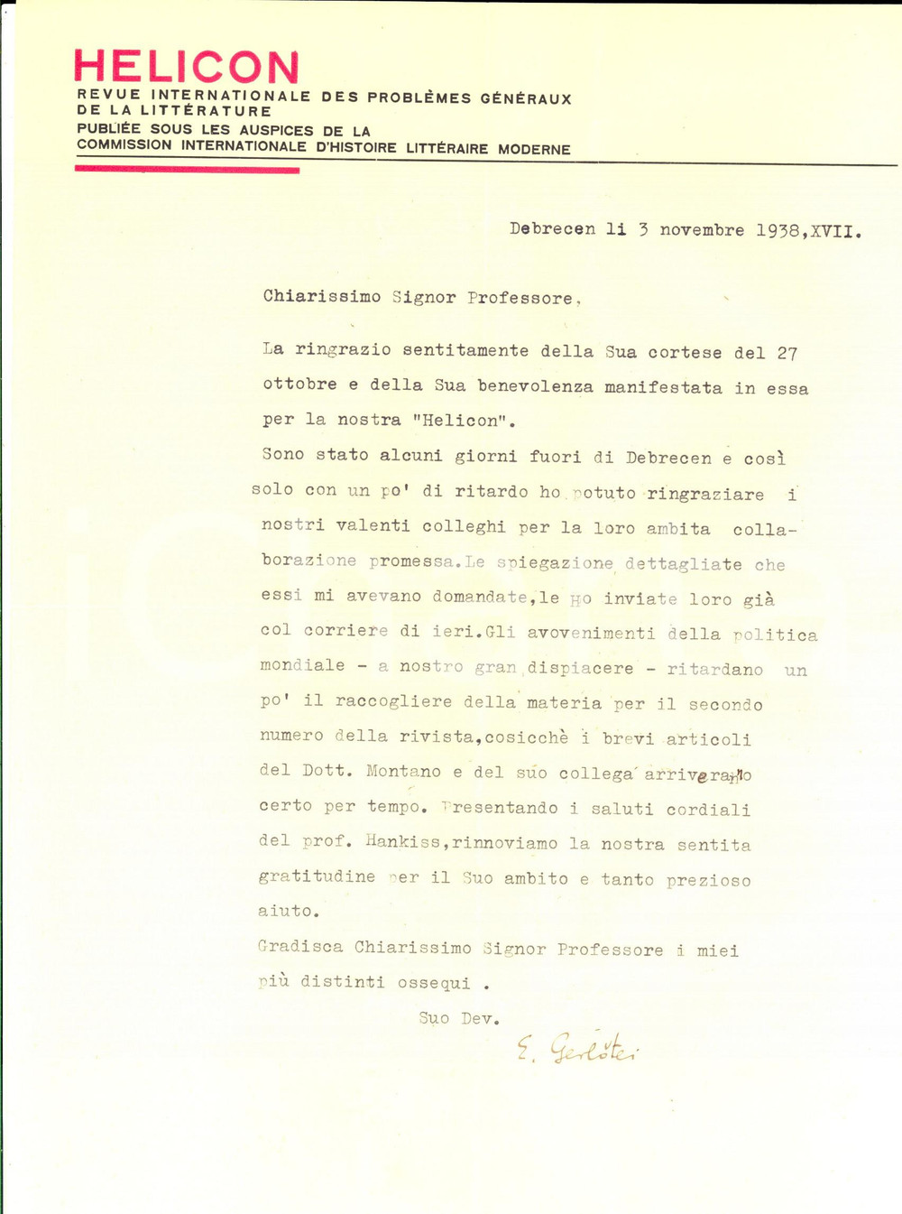 Autografo originale 1938 DEBRECEN HELICON  Eugene GERLOTEI ringrazia per collaborazione Autografo 1