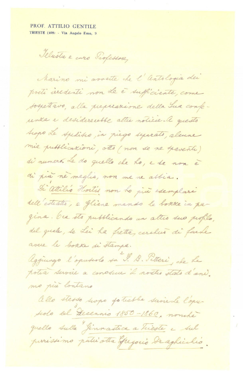 Manoscritto, lettera originale 1953 TRIESTE Attilio GENTILE promette articoli su irredentisti Autografo 1