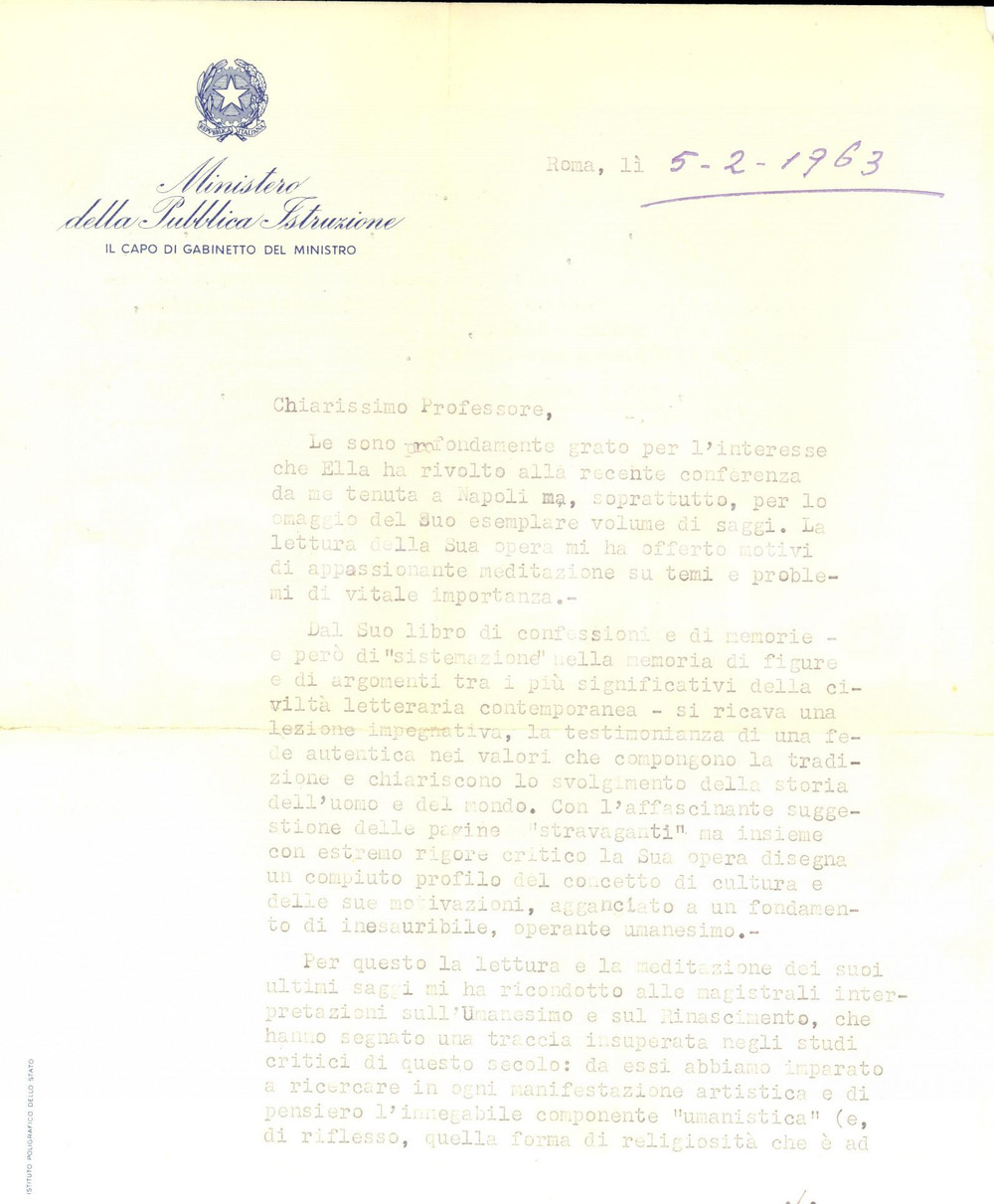 Manoscritto, lettera originale 1963 ROMA Ministero Pubblica Istruzione  Capo di Gabinetto ringrazia per libro 1