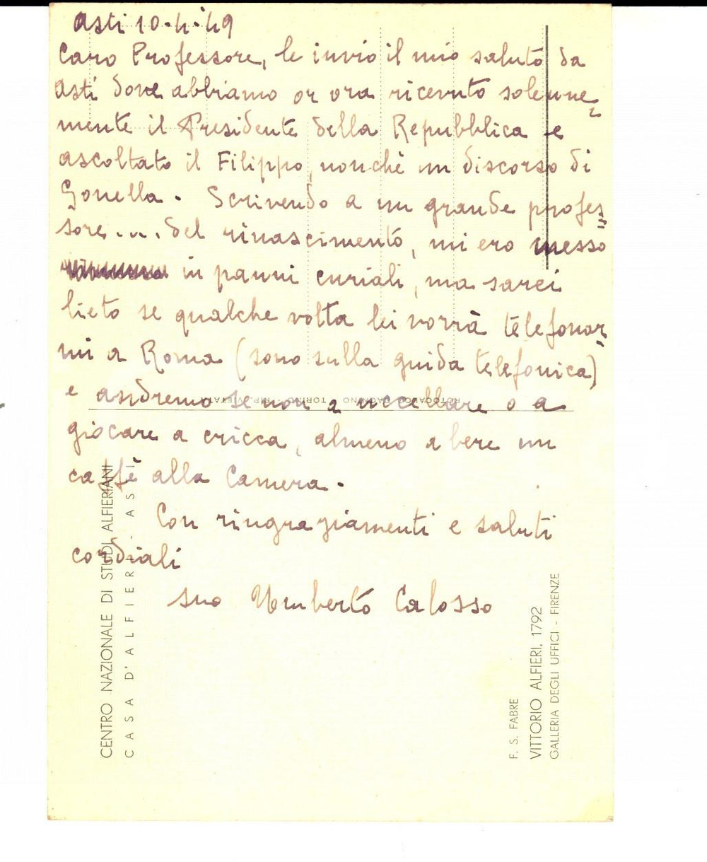 Autografo originale 1949 ASTI Centro Studi Alfieriani  Umberto CALOSSO riceve EINAUDI  AUTOGRAFO 1