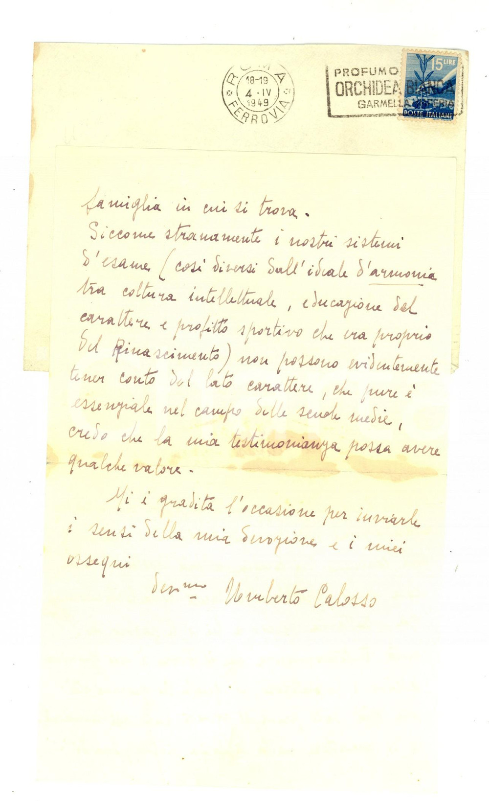 Autografo originale 1949 ROMA Umberto CALOSSO raccomanda un amico Lettera autografa 1