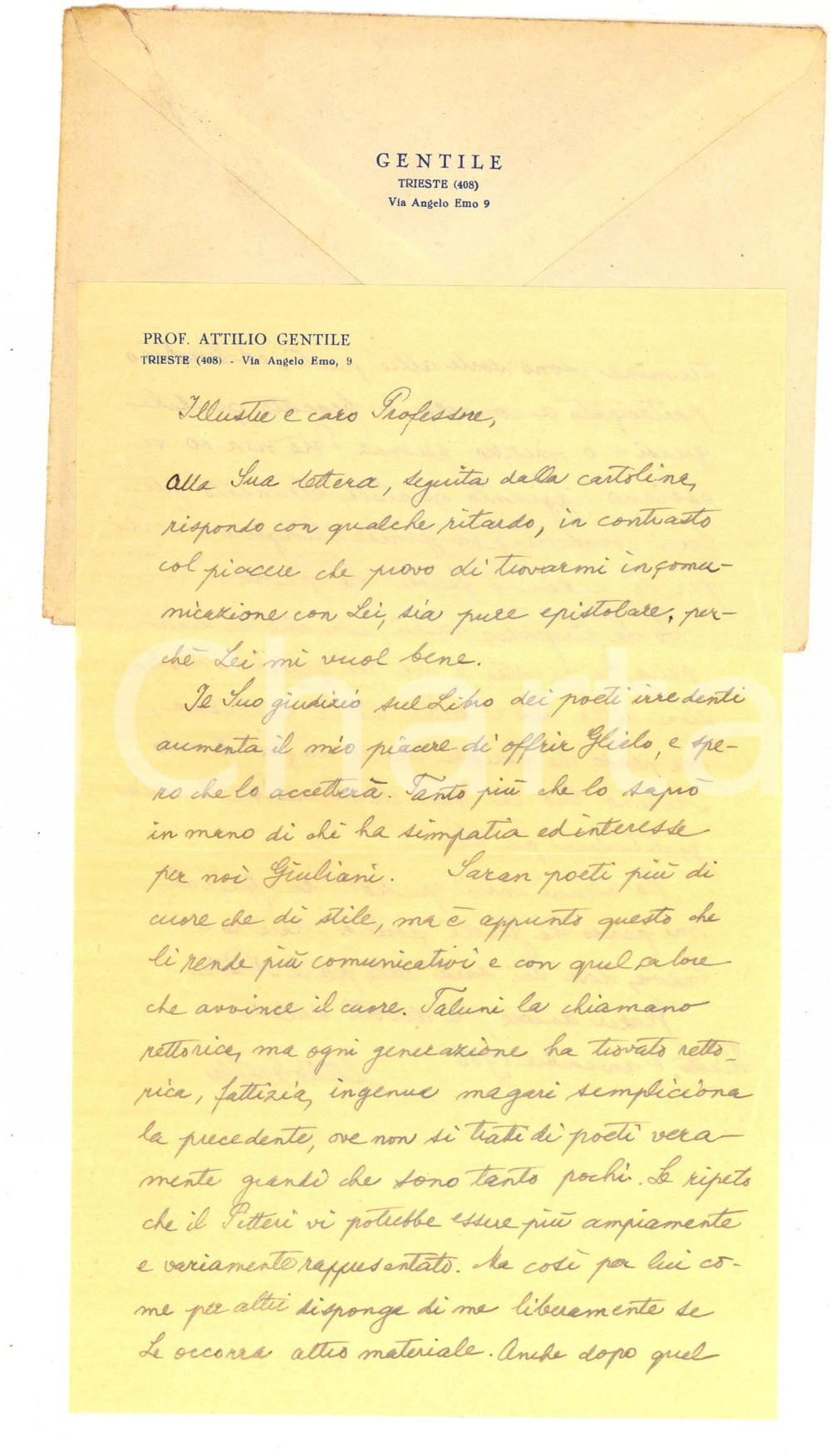 Manoscritto, lettera originale 1953 TRIESTE Attilio GENTILE invia il suo libro sui poeti irredenti Autografo 1