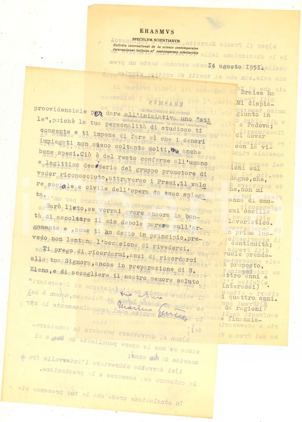 1951 PADOVA Marino GENTILE critica il nuovo Premio Valdagno *Autografo