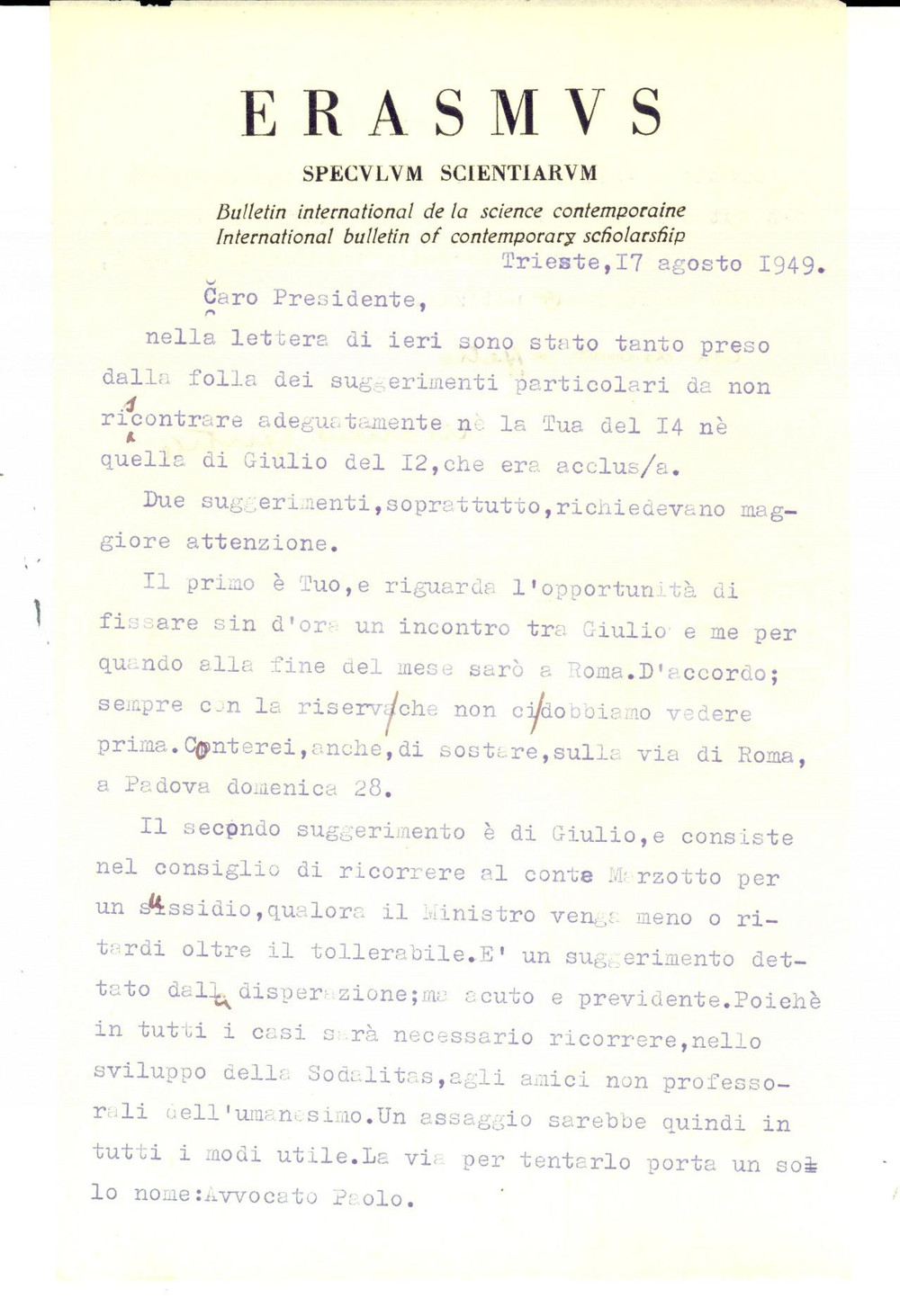 Autografo originale 1949 TRIESTE Marino GENTILE pensa a sussidio per Erasmus Autografo 1