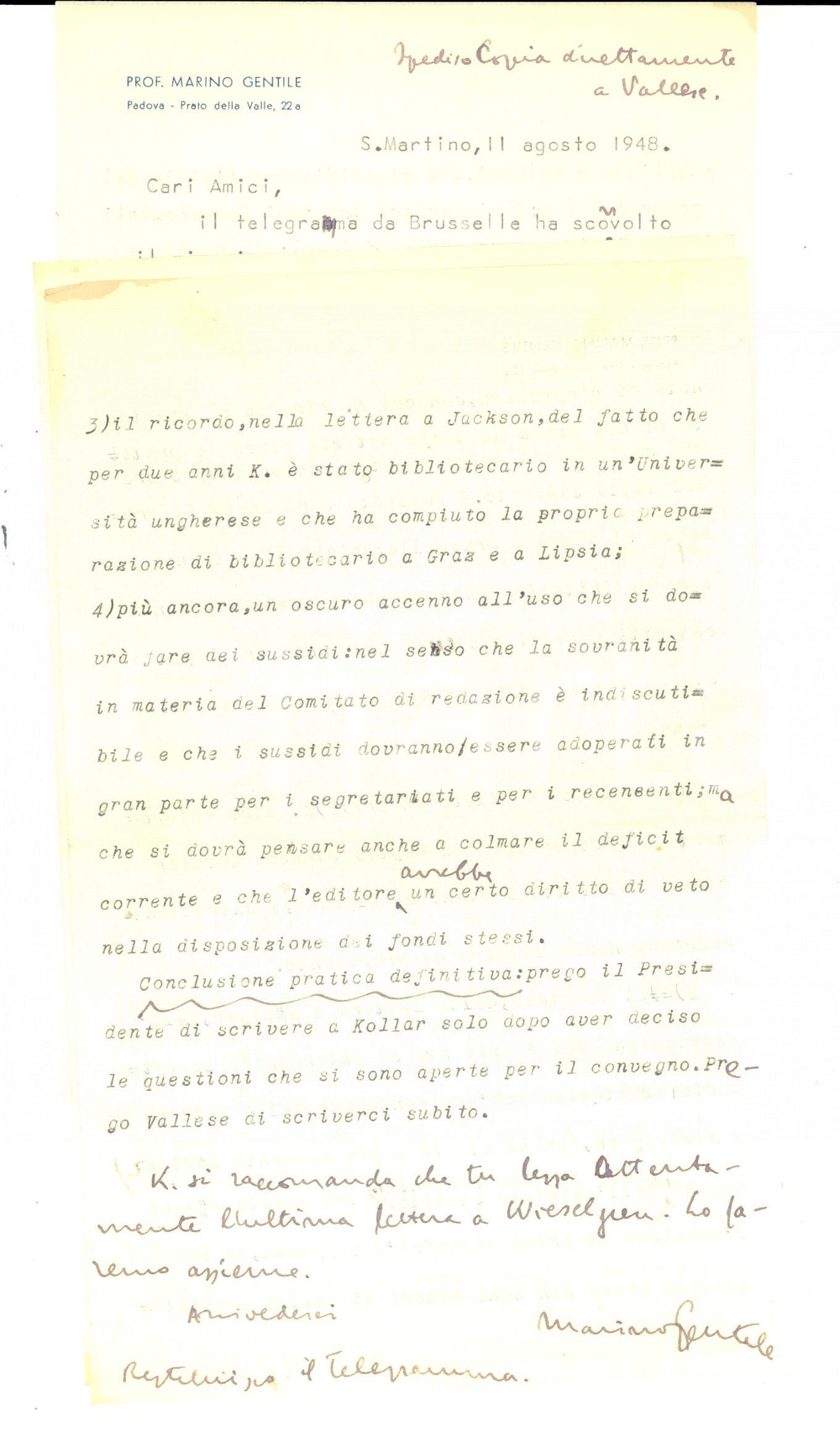 1948 PADOVA Marino GENTILE e il progetto per la rivista "Erasmus" *Autografo