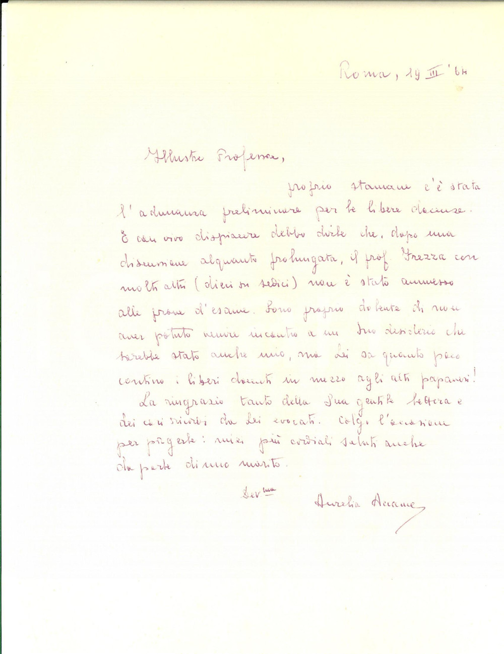 Autografo originale 1964 ROMA Aurelia ACCAME BOBBIO non puÃ² aiutare un raccomandato Autografo 1