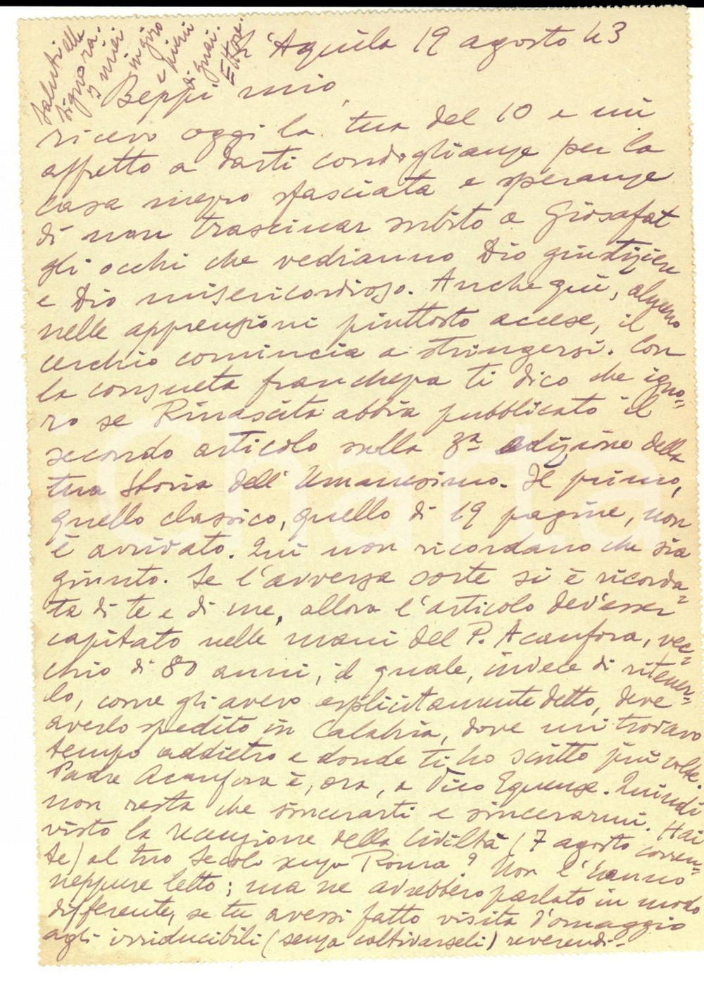 Autografo originale 1943 L AQUILA Padre Ettore ALBINO e le pubblicazioni di Rinascita AUTOGRAFO 1