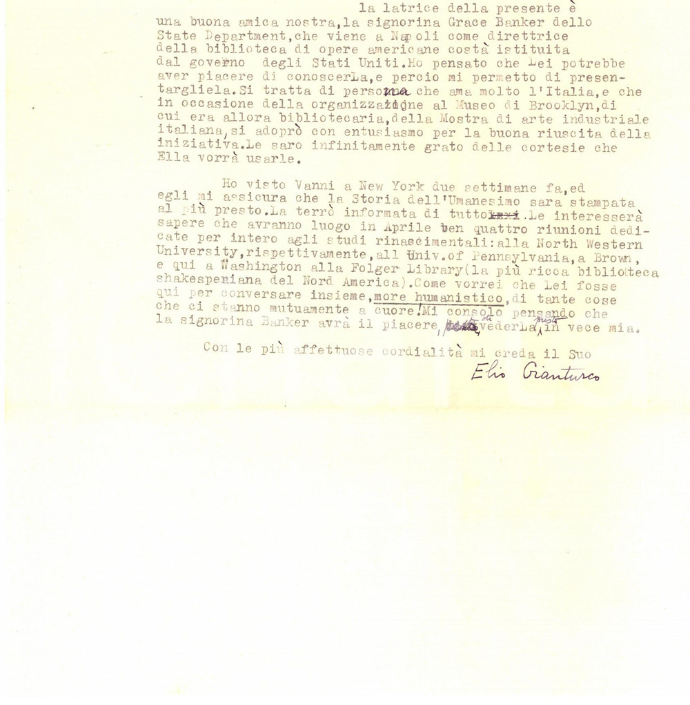 Autografo originale 1937 WASHINGTON Elio GIANTURCO e  i congressi sul Rinascimento Autografo 1