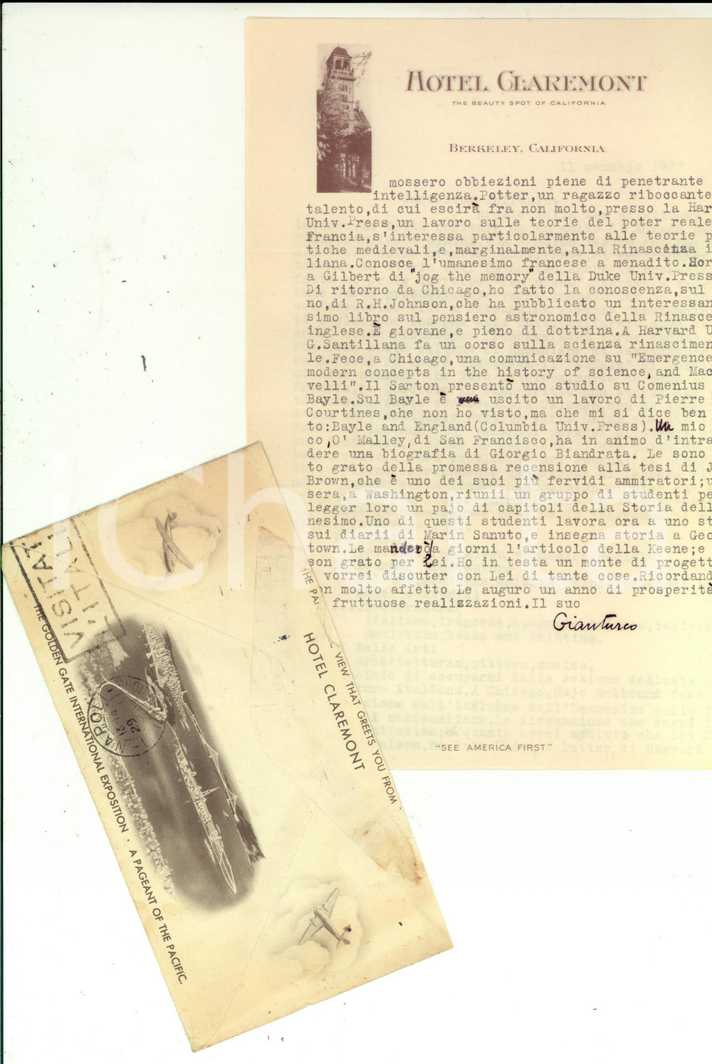 Autografo originale 1939 BERKELEY Elio GIANTURCO e i nuovi lavori sul Rinascimento Hotel Claremont 1