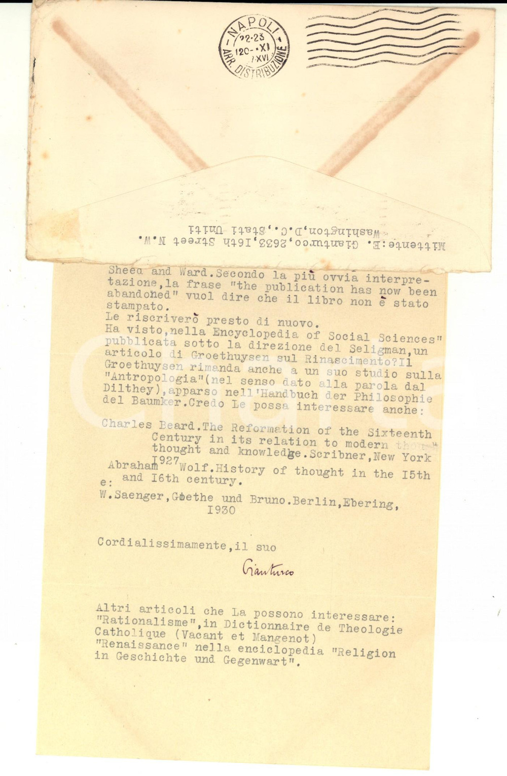 Autografo originale 1937 WASHINGTON Elio GIANTURCO invia bibliografia a un collega Autografo 1