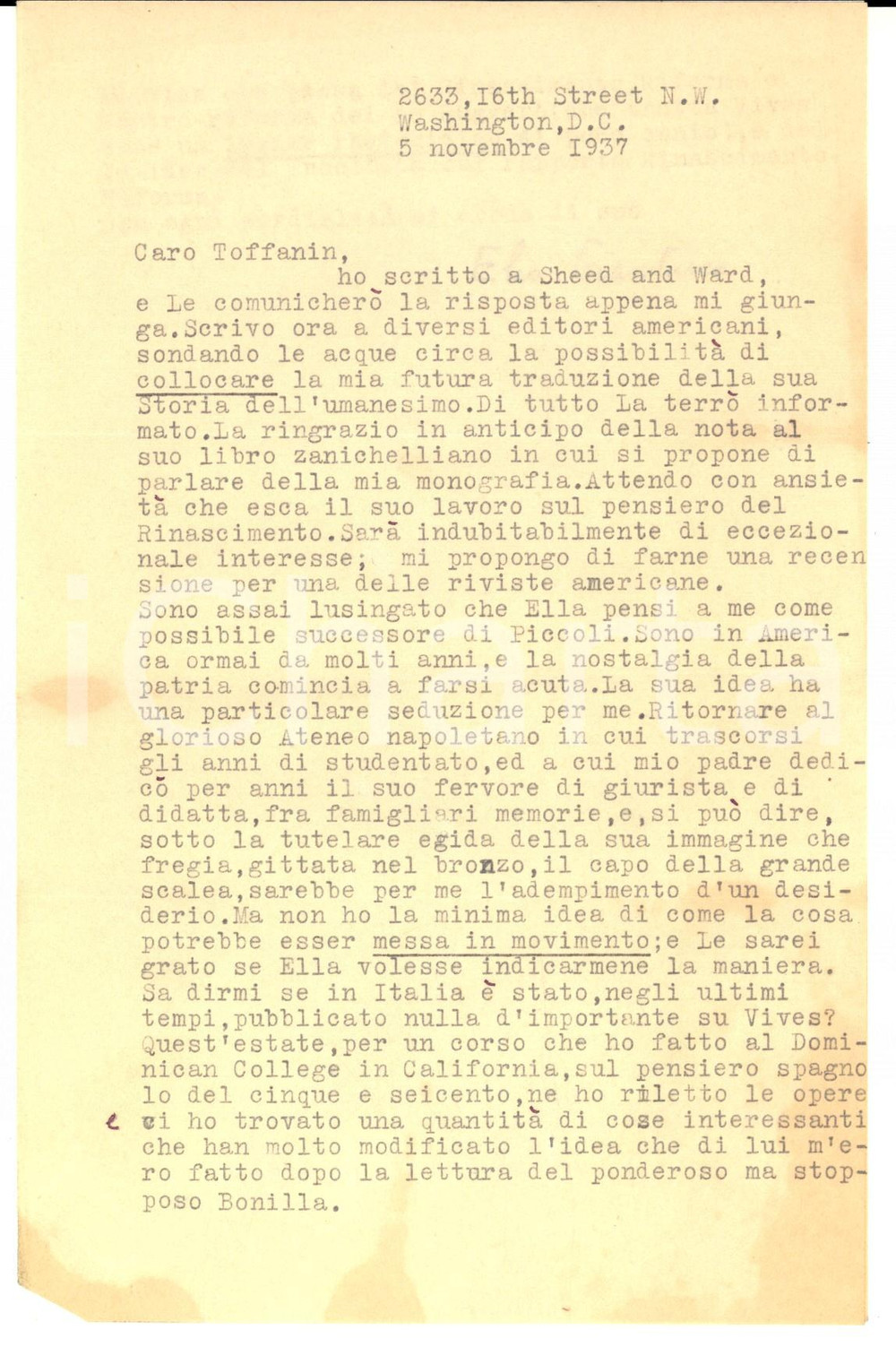 Autografo originale 1937 WASHINGTON Elio GIANTURCO e la sua traduzione della Storia dell Umanesimo 1