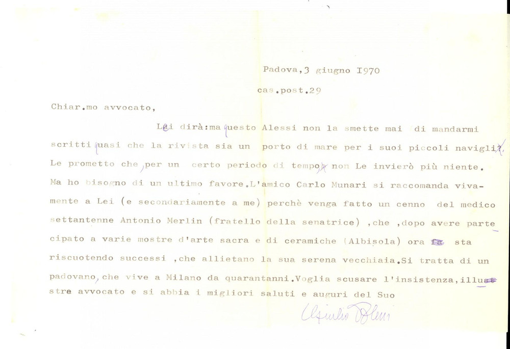 Autografo originale 1970 PADOVA Giulio ALESSI a favore di un anziano pittore Lettera con autografo 1