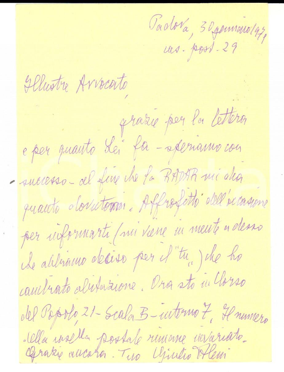 Autografo originale 1971 PADOVA Giulio ALESSI e la nuova casa in corso del Popolo  Autografo 1