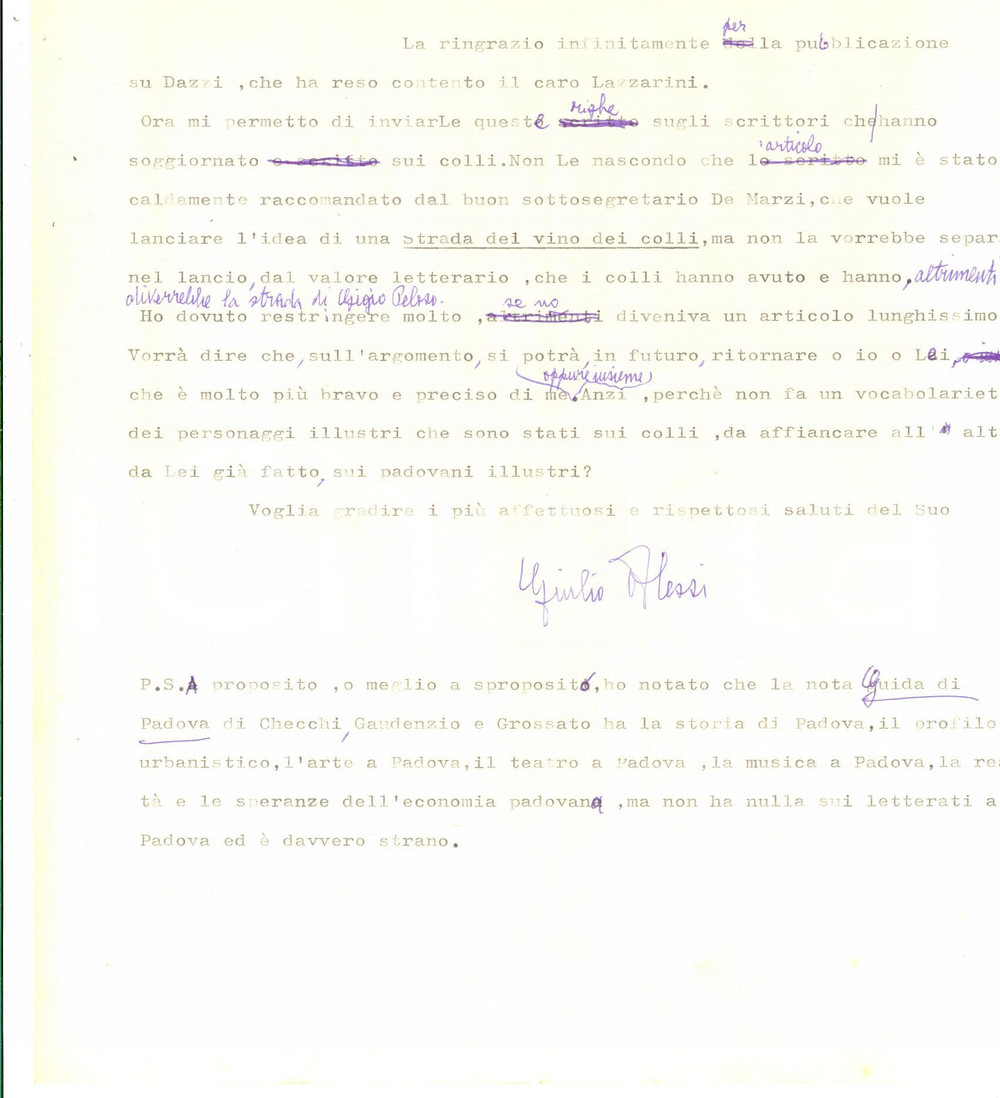 Autografo originale 1970 PADOVA Poeta Giulio ALESSI e la strada del vino sui colli Autografo 1
