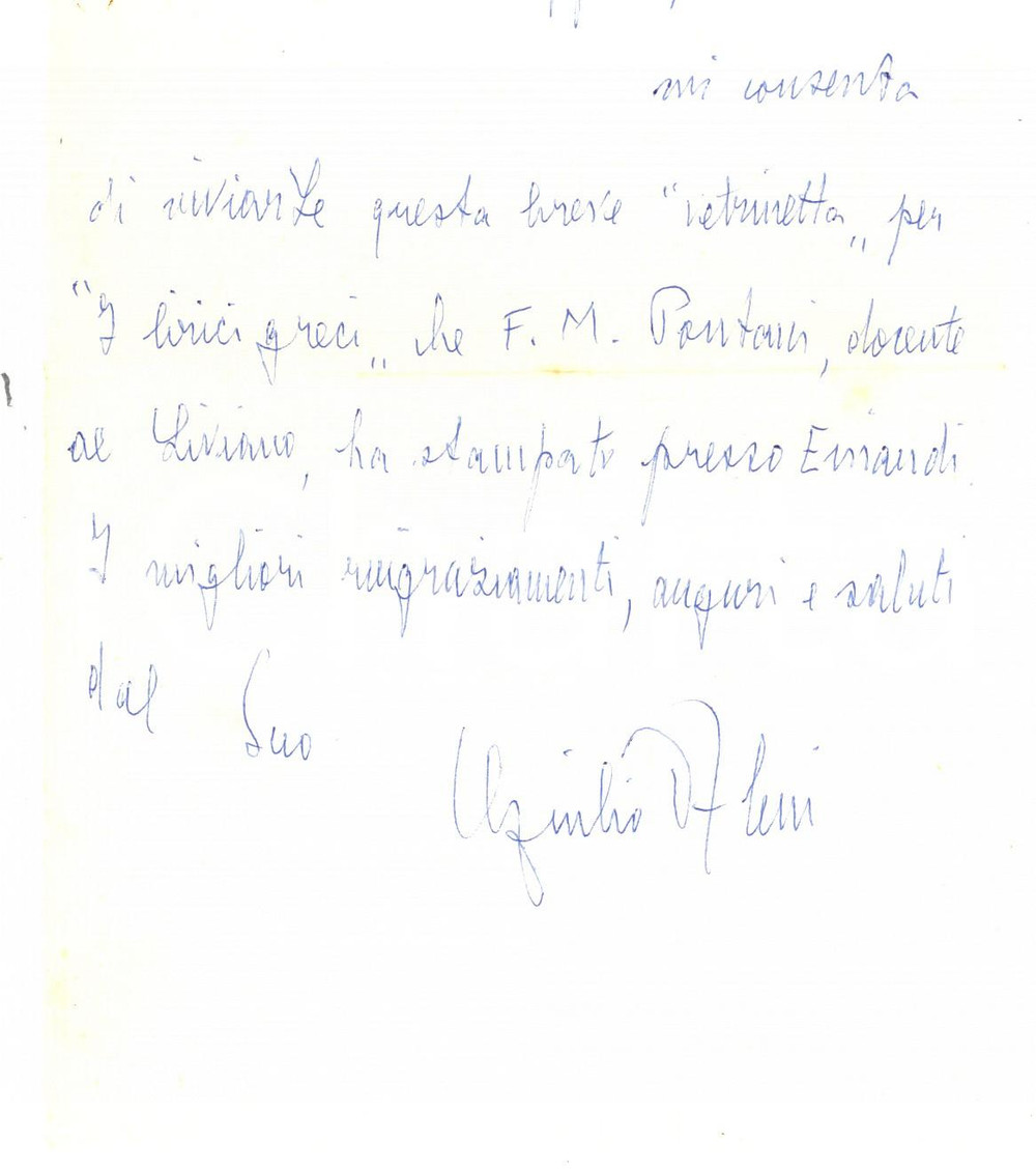 Autografo originale 1970 PADOVA Giulio ALESSI invia vetrinetta per I lirici greci Autografo 1