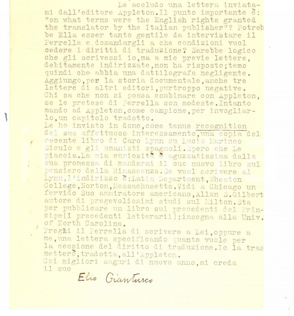 Autografo originale 1938 WASHINGTON Elio GIANTURCO e i diritti dell editore APPLETON Autografo 1