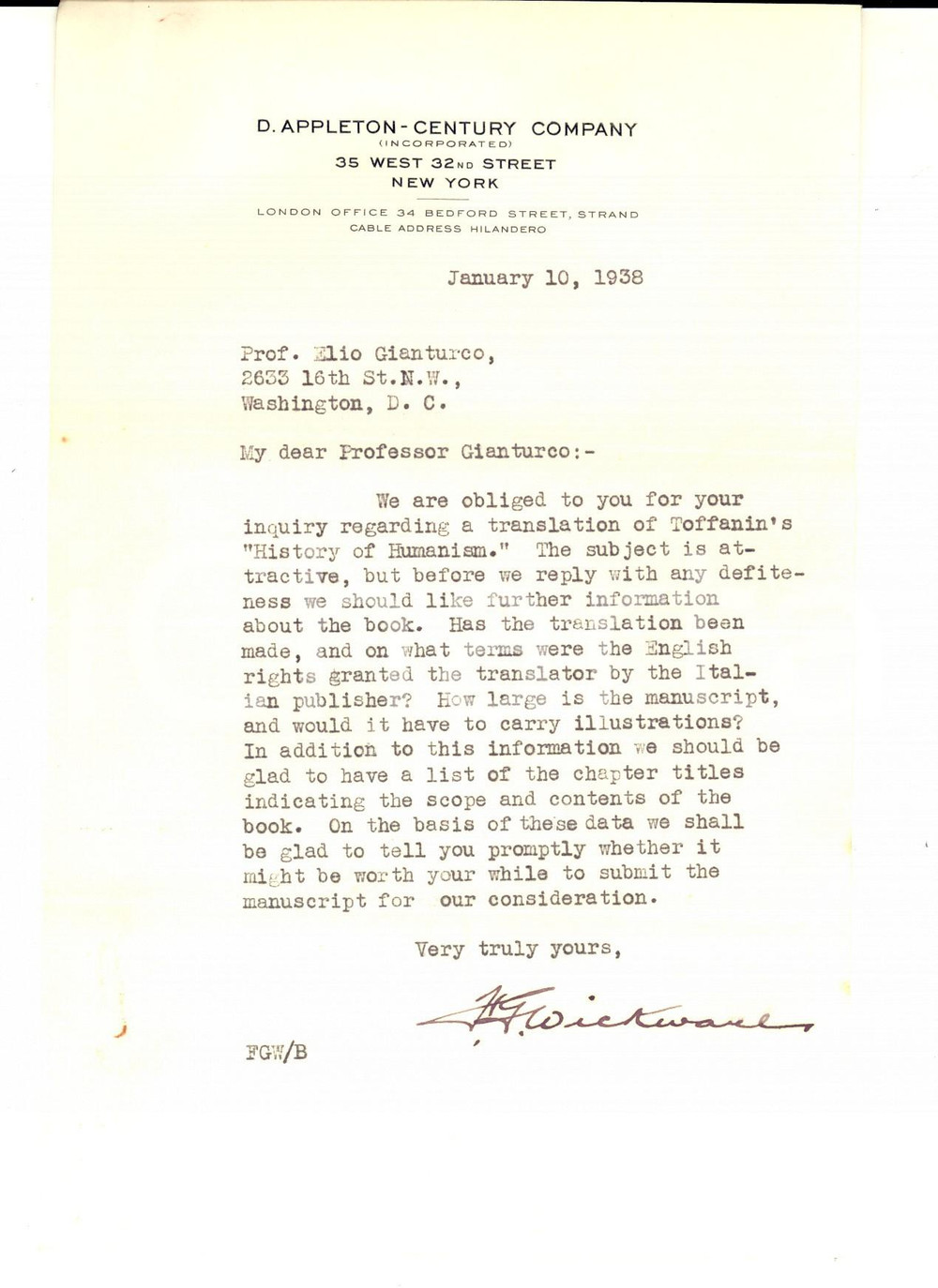 Manoscritto, lettera originale 1938 NEW YORK APPLETONCENTURY Company su traduzione saggio sull Umanesimo 1