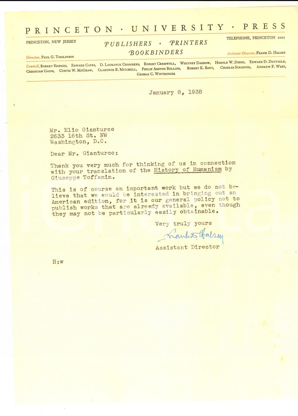 Manoscritto, lettera originale 1938 PRINCETON UNIVERSITY PRESS su traduzione saggio sull Umanesimo 1