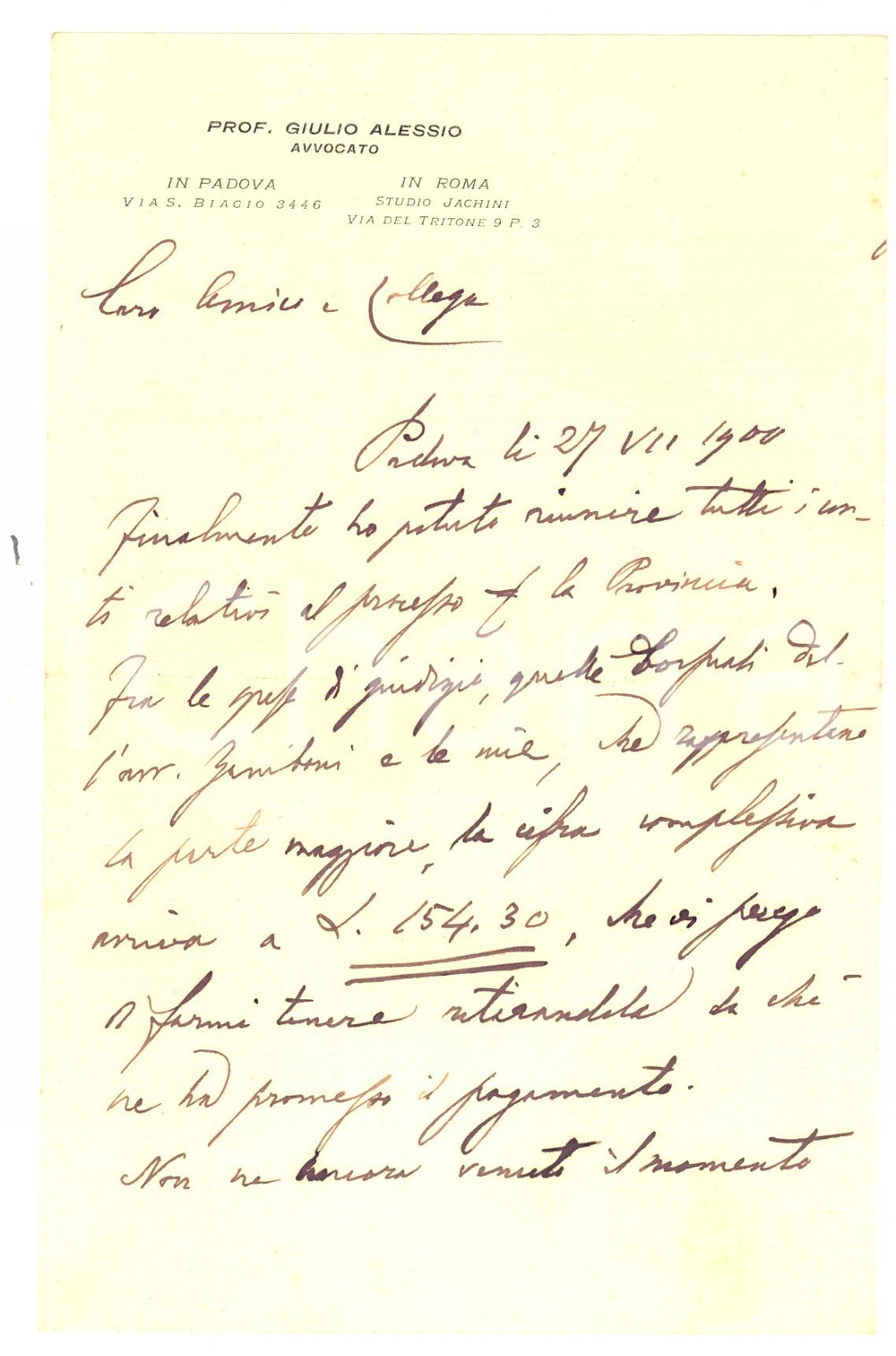Autografo originale 1900 PADOVA Lettera Giulio ALESSIO per il conto di un processo Autografo 1