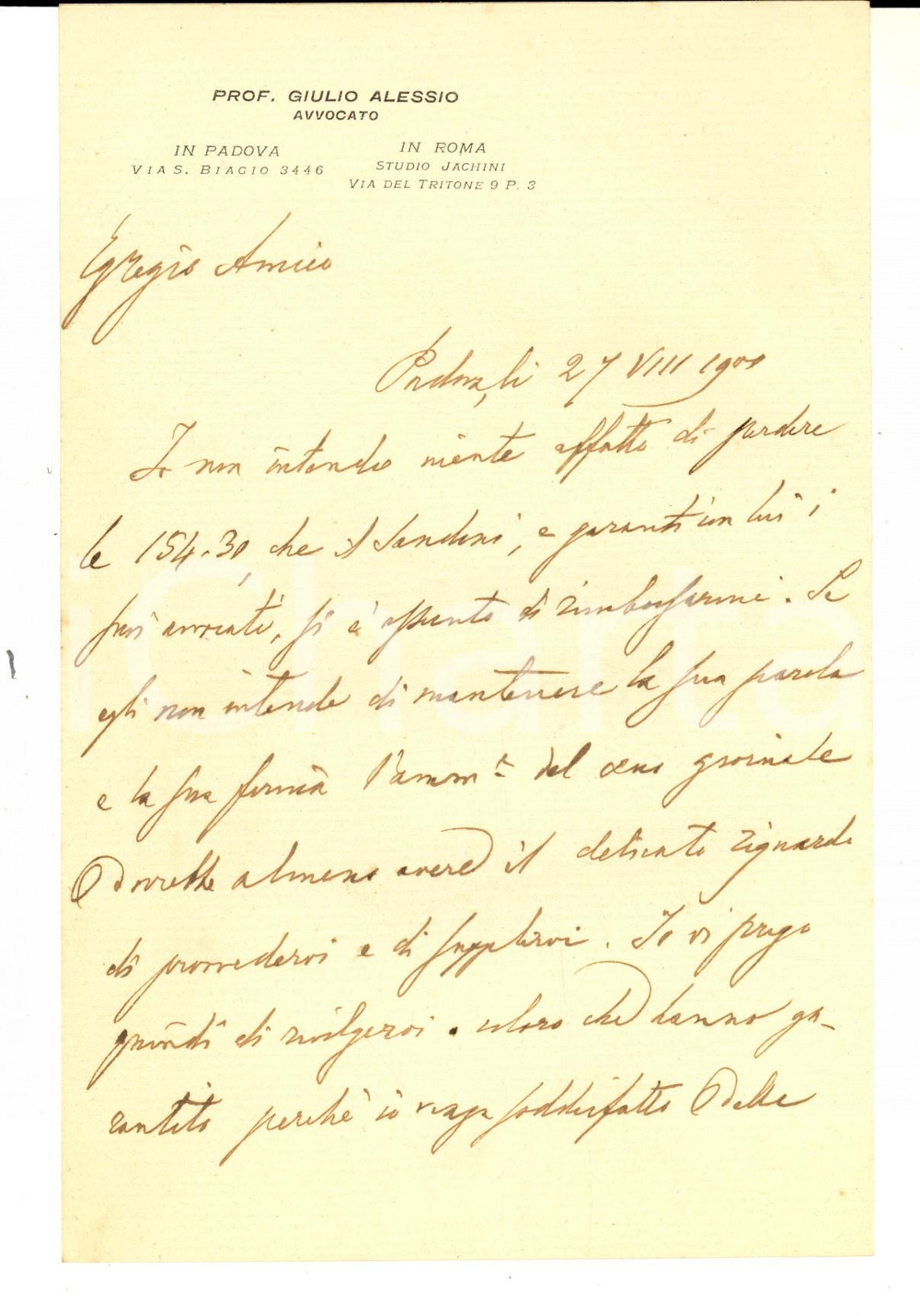 1900 PADOVA Lettera Giulio ALESSIO per rimborso delle proprie spese *Autografo