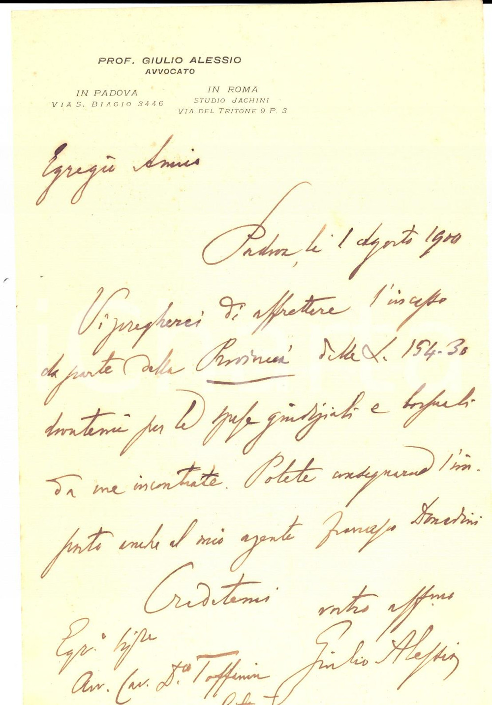 Autografo originale 1900 PADOVA Giulio ALESSIO sollecita l incasso delle spese Autografo 1
