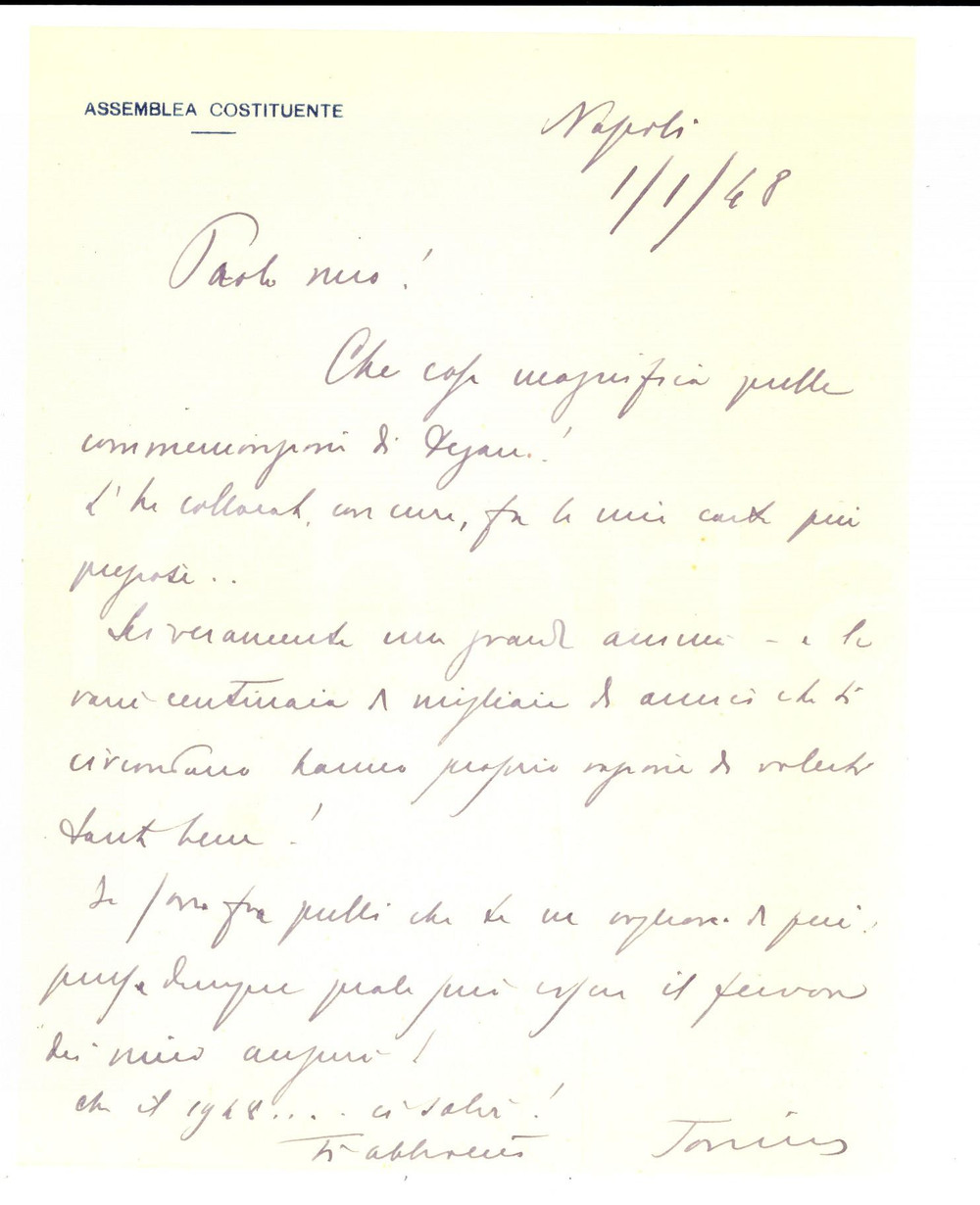 Autografo originale 1948 NAPOLI Senatore Antonio ALBERTI ringrazia un amico caro Autografo 1