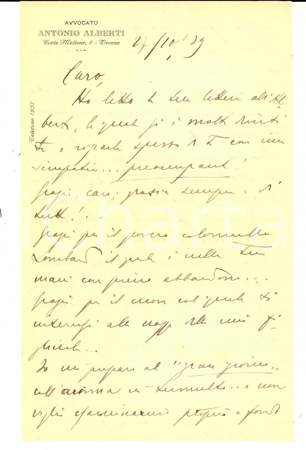 Autografo originale 1939 VERONA Avv. Antonio ALBERTI ringrazia un amico per l aiuto Autografo 1
