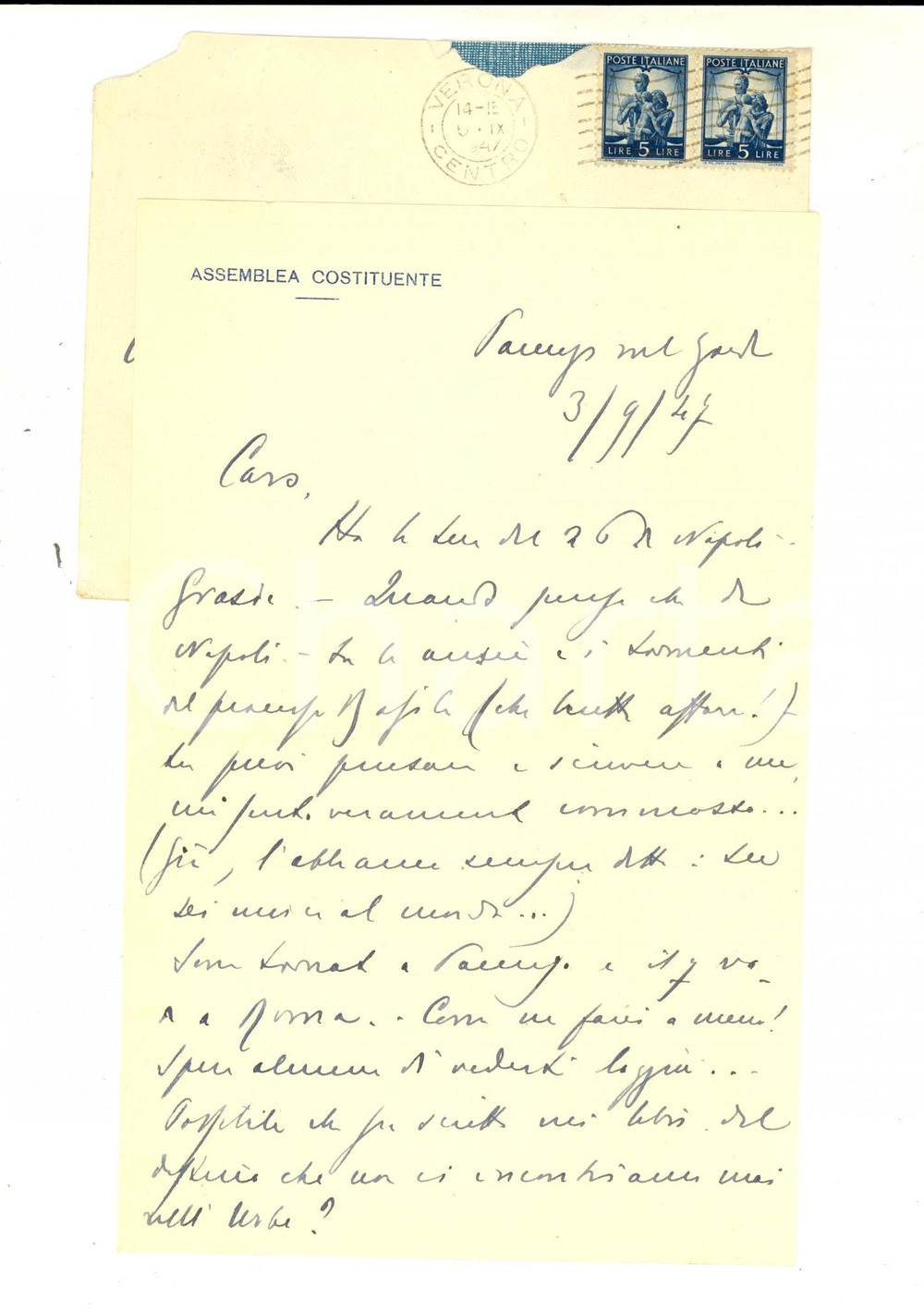 Autografo originale 1947 PACENGO VR Antonio ALBERTI costretto a tornare a Roma Autografo 1