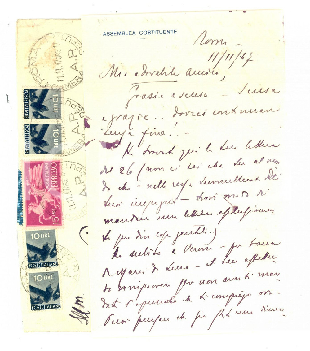 Autografo originale 1947 ROMA ASSEMBLEA COSTITUENTE Lettera Antonio ALBERTI a un amico Autografo 1