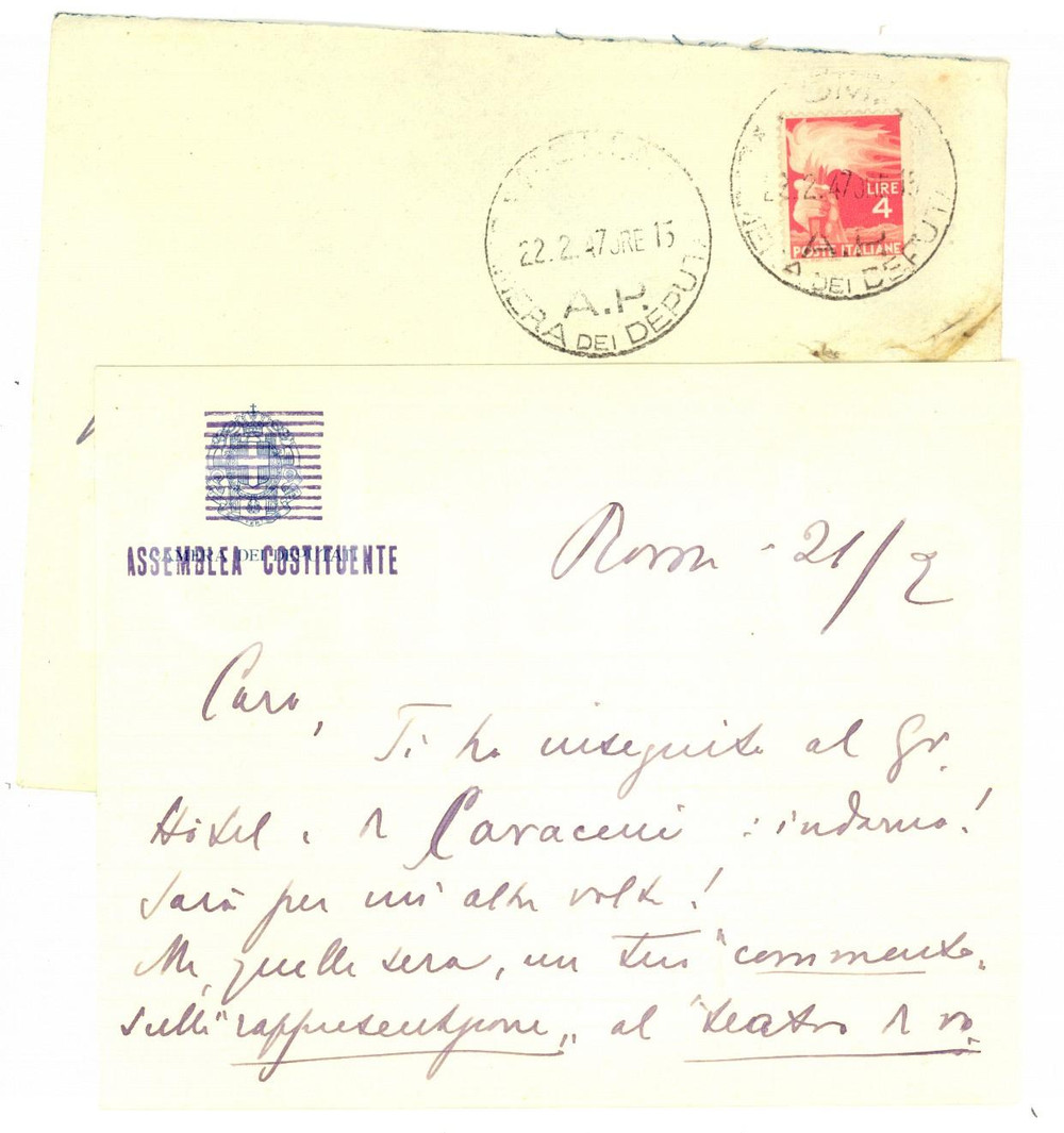 Autografo originale 1947 ROMA ASSEMBLEA COSTITUENTE Antonio ALBERTI e uno spettacolo teatrale 1