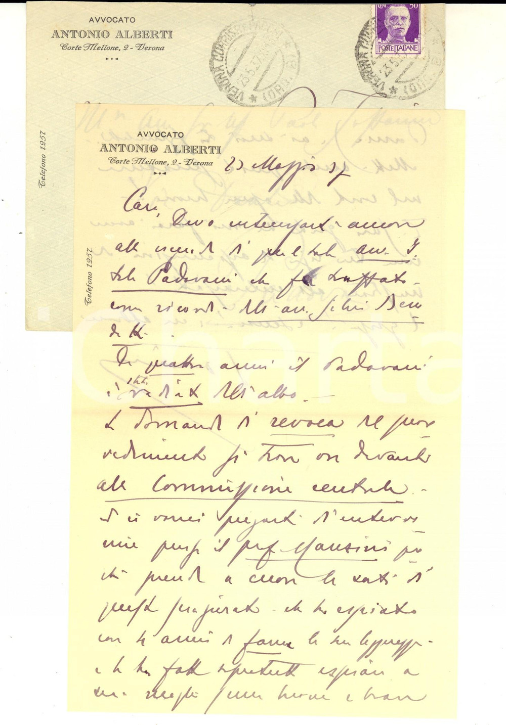 Autografo originale 1937 VERONA Avv. Antonio ALBERTI si interessa di un caso familiare Autografo 1